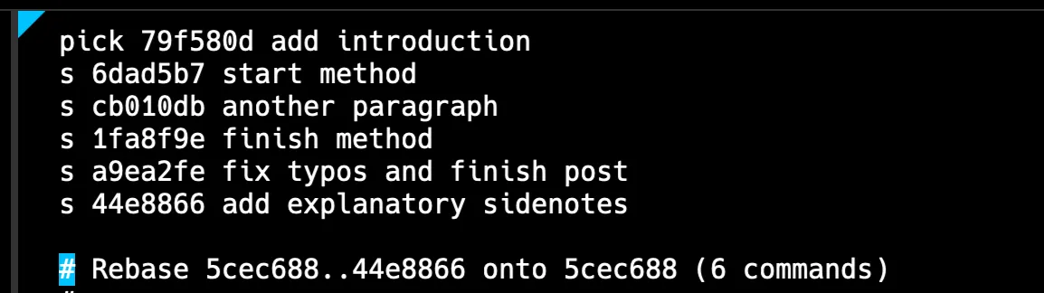 Interactive rebase window with squash annotations